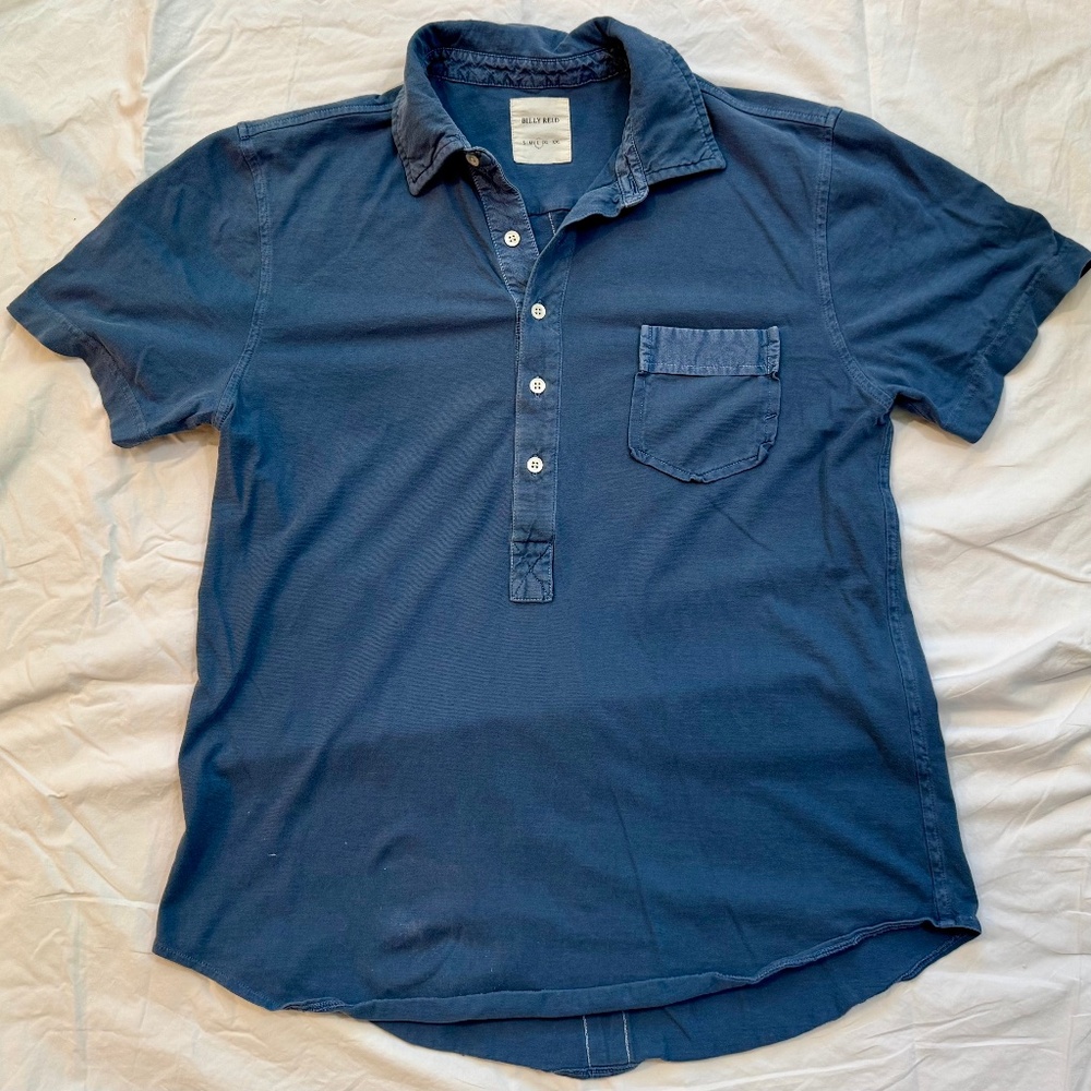 Classic Billy Reid Men’s Large Polo distressed navy with 7 buttons and a pocket